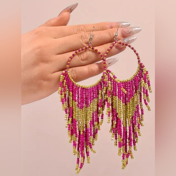 2/$40 NEW Western Purple,Red Gold Beaded Fringe Preppy Hippie Earrings-(#0110) - Picture 2 of 6